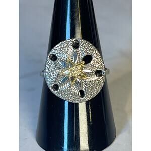 925 Sterling Silver Sand Dollar Ring 14K Gold Starfish Accent Size 8